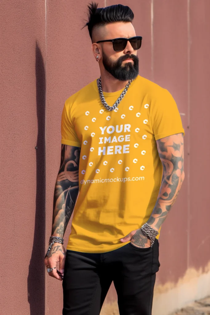 Man Wearing Orange T-shirt Mockup Front View Template