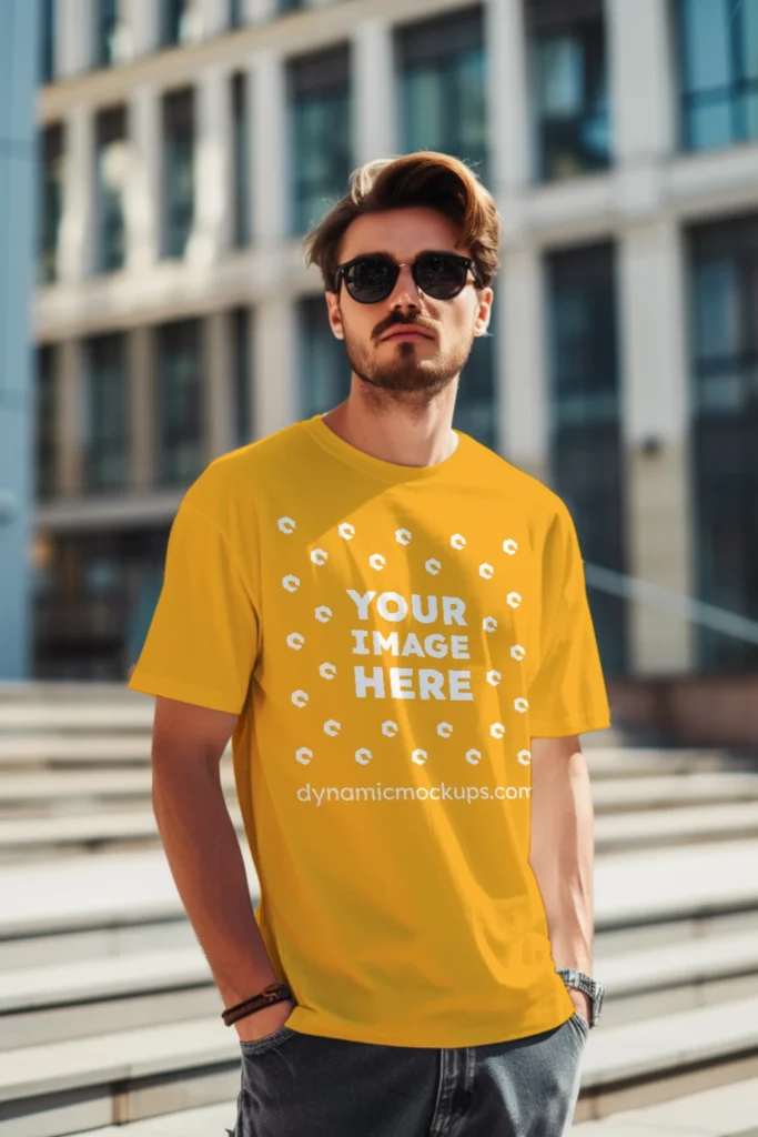 Man Wearing Orange T-shirt Mockup Front View Template