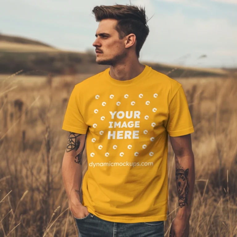 Man Wearing Orange T-shirt Mockup Front View Template