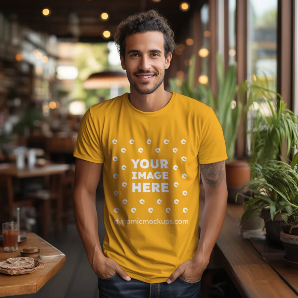 Man Wearing Orange T-shirt Mockup Front View Template