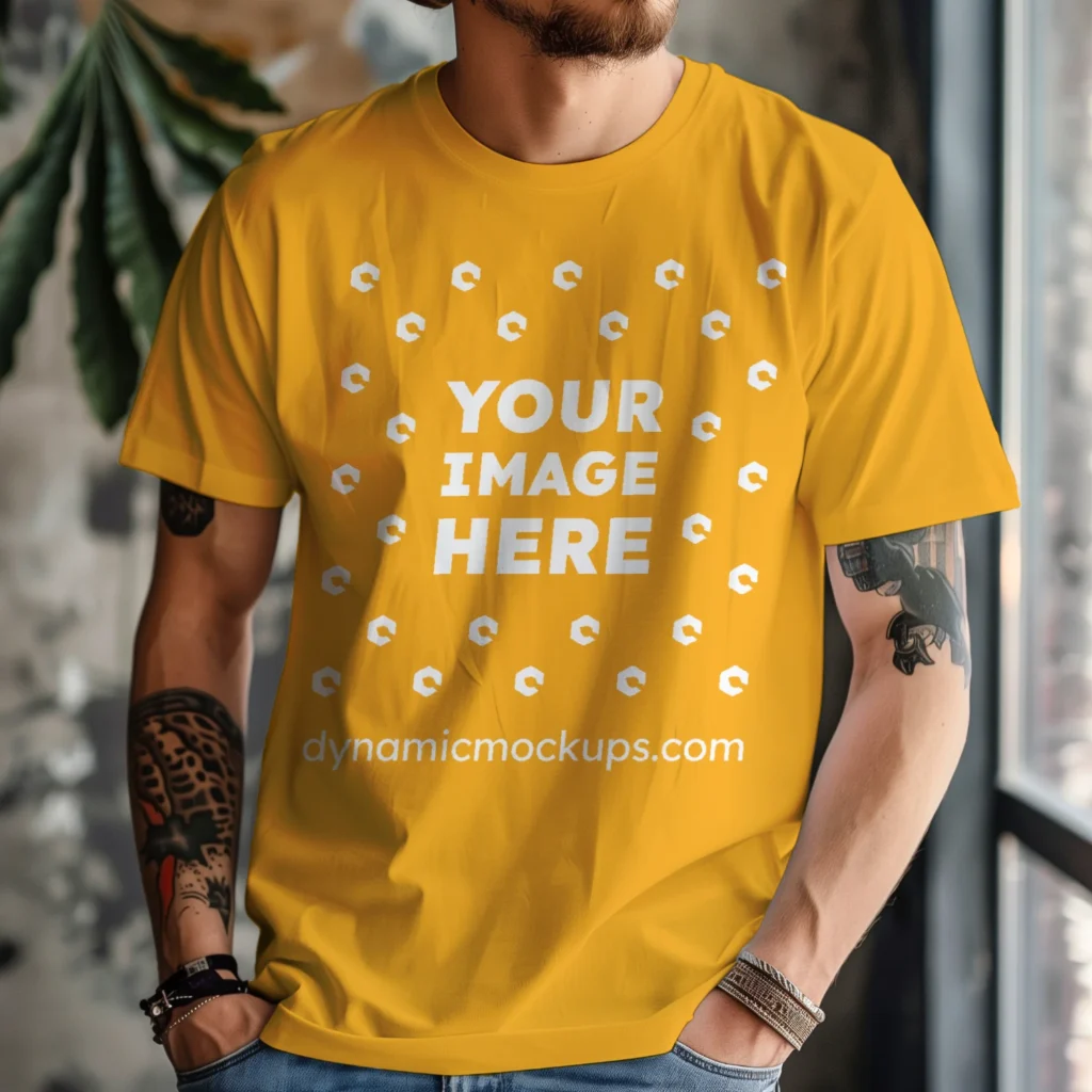 Man Wearing Orange T-shirt Mockup Front View Template