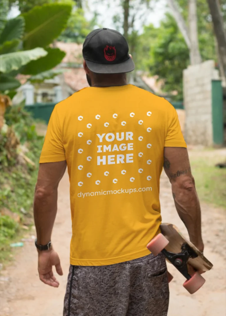 Man Wearing Orange T-shirt Mockup Back View Template