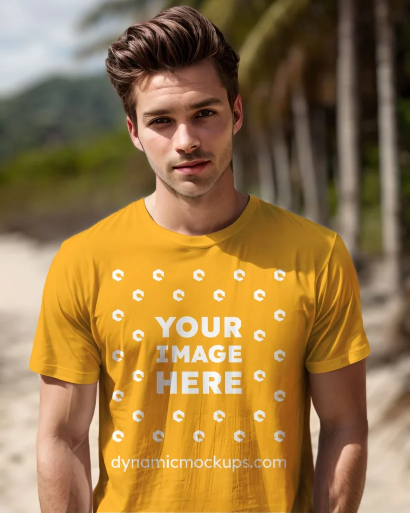 Man Wearing Orange T-shirt Mockup Front View Template