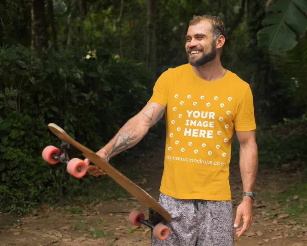 Man Wearing Orange T-shirt Mockup Front View Template