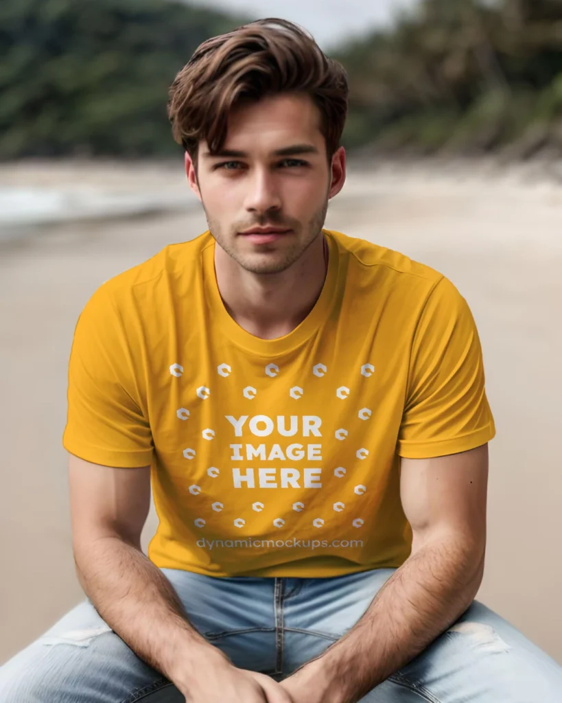 Man Wearing Orange T-shirt Mockup Front View Template