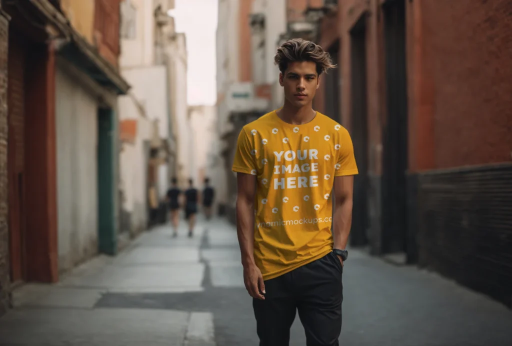 Man Wearing Orange T-shirt Mockup Front View Template