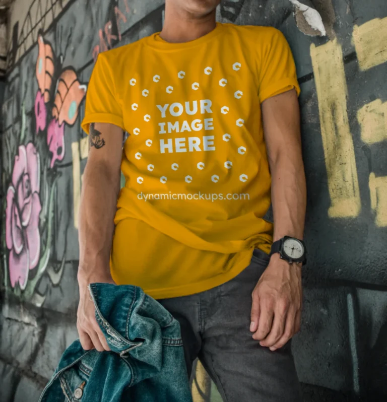 Man Wearing Orange T-shirt Mockup Front View Template