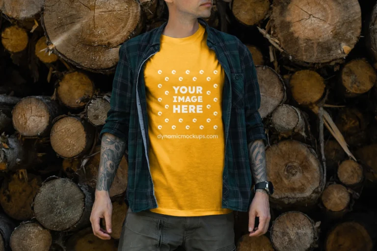 Man Wearing Orange T-shirt Mockup Front View Template