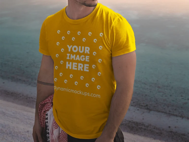 Man Wearing Orange T-shirt Mockup Front View Template