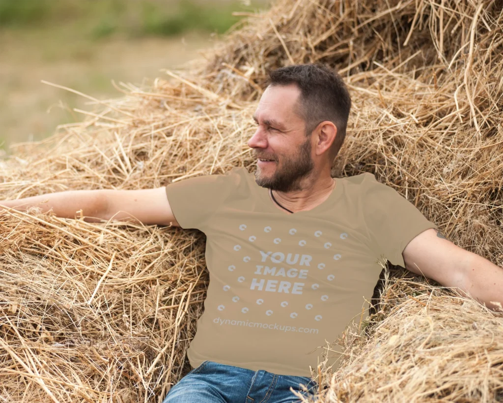 Man Wearing Orange T-shirt Mockup Front View Template