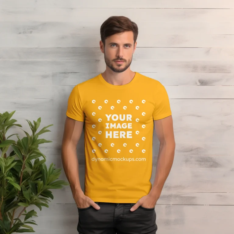 Man Wearing Orange T-shirt Mockup Front View Template