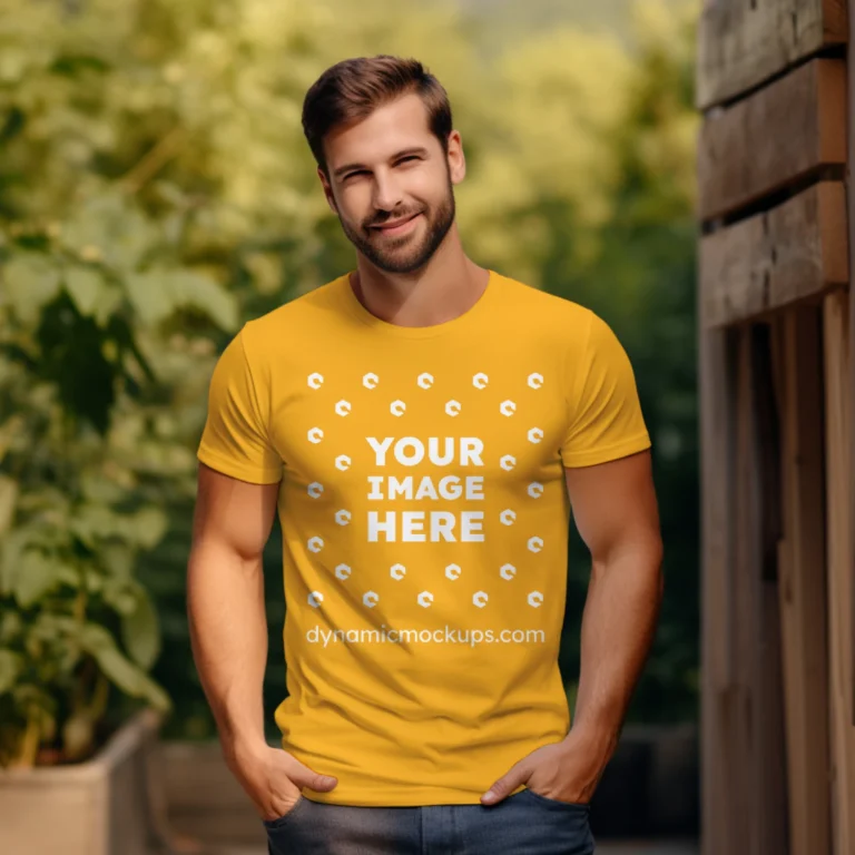 Man Wearing Orange T-shirt Mockup Front View Template