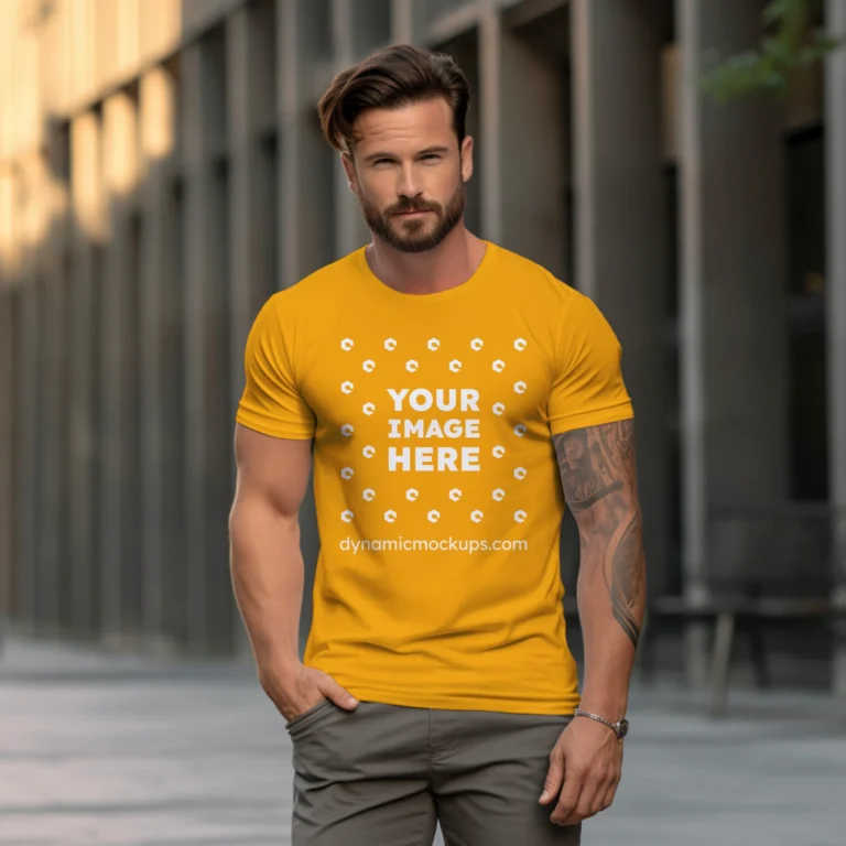 Man Wearing Orange T-shirt Mockup Front View Template