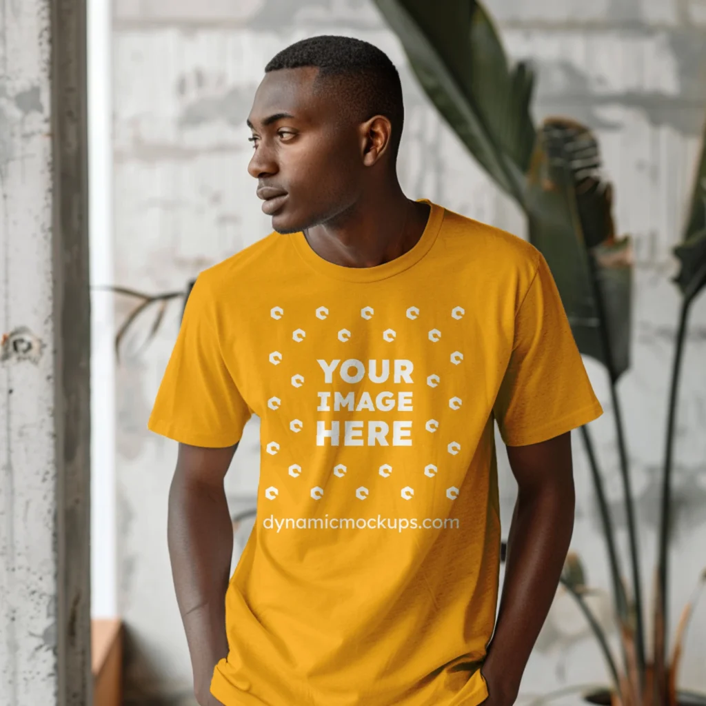 Man Wearing Orange T-shirt Mockup Front View Template