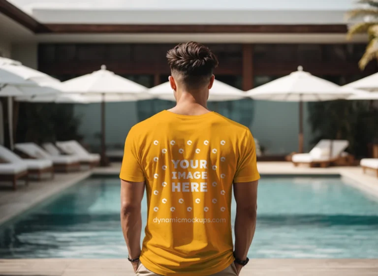 Man Wearing Orange T-shirt Mockup Back View Template