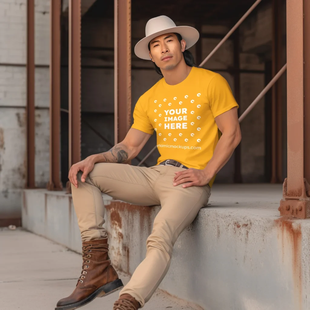 Man Wearing Orange T-shirt Mockup Front View Template