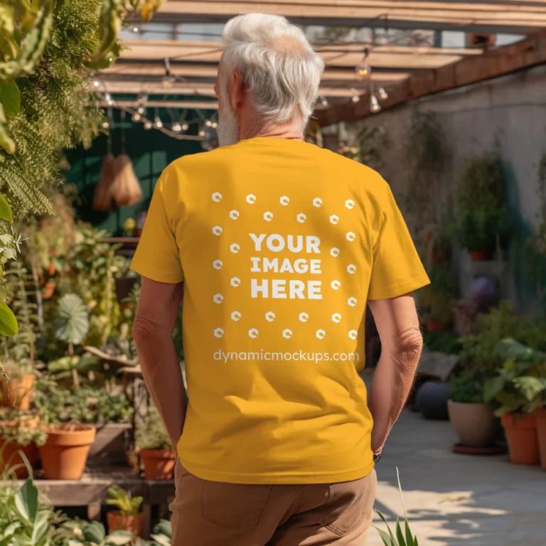 Man Wearing Orange T-shirt Mockup Back View Template