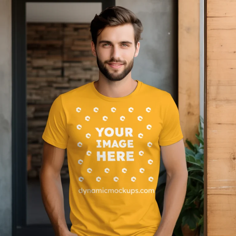 Man Wearing Orange T-shirt Mockup Front View Template