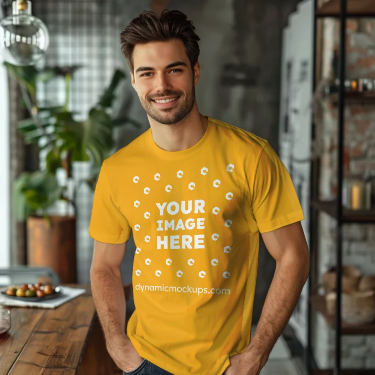 Man Wearing Orange T-shirt Mockup Front View Template