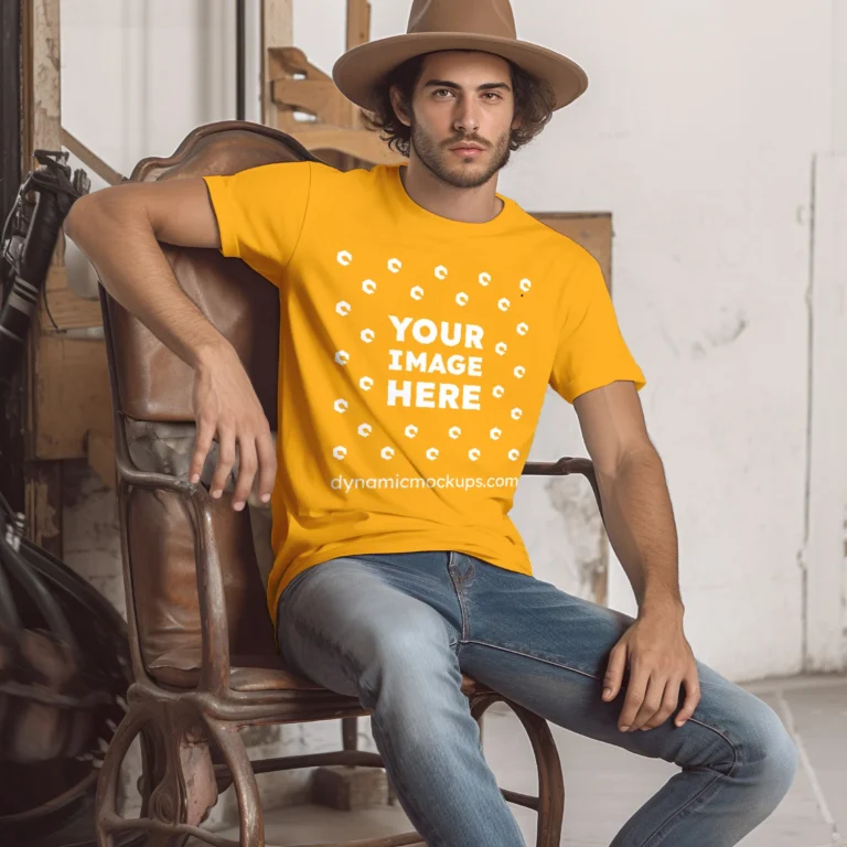 Man Wearing Orange T-shirt Mockup Front View Template