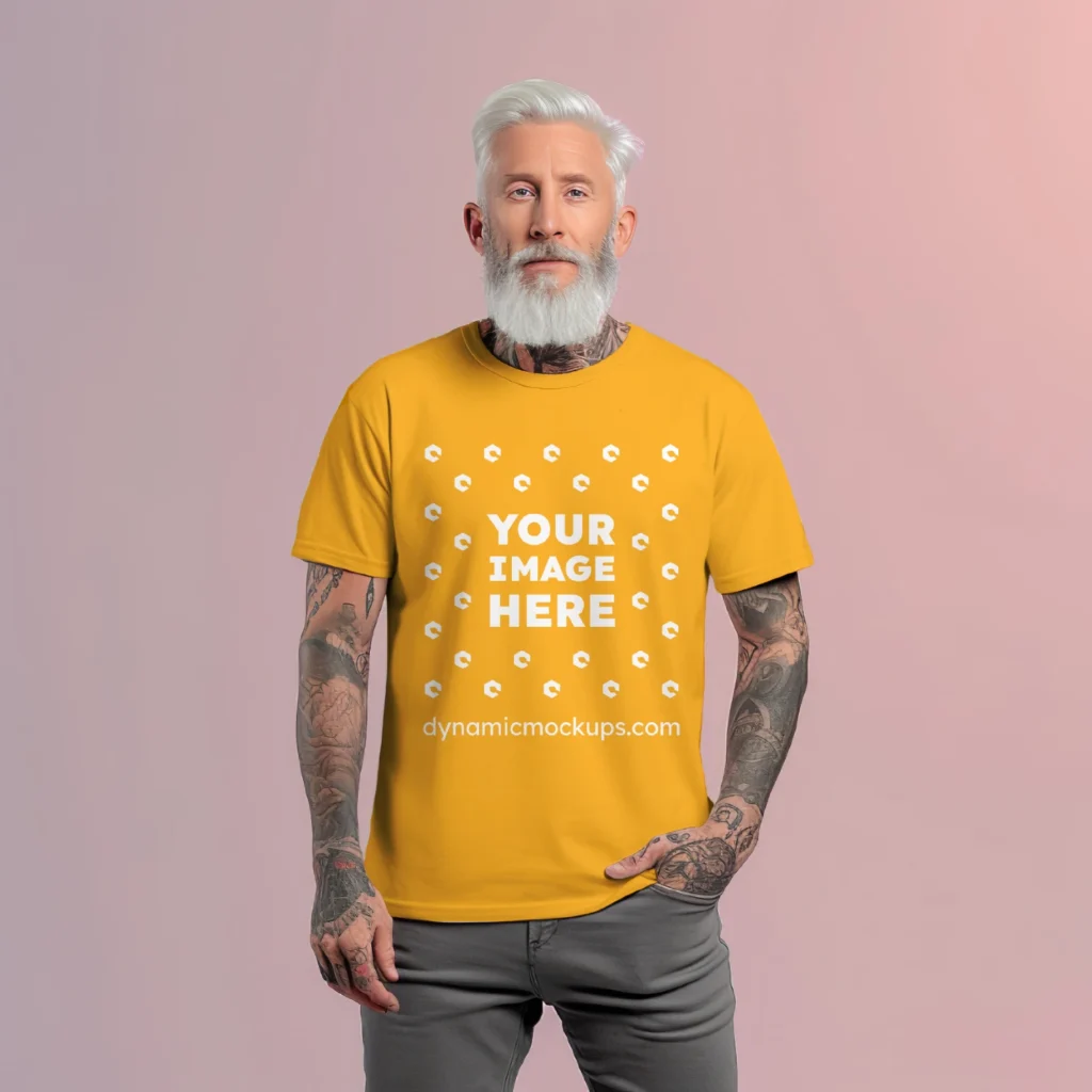 Man Wearing Orange T-shirt Mockup Front View Template