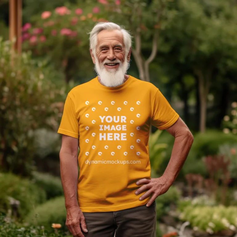 Man Wearing Orange T-shirt Mockup Front View Template