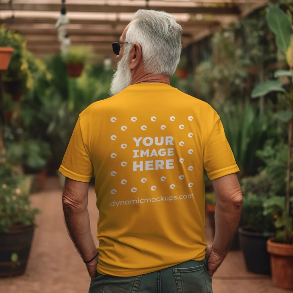 Man Wearing Orange T-shirt Mockup Back View Template