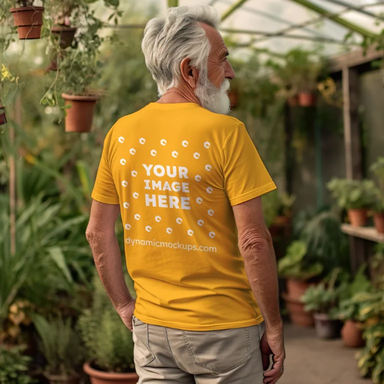 Man Wearing Orange T-shirt Mockup Back View Template