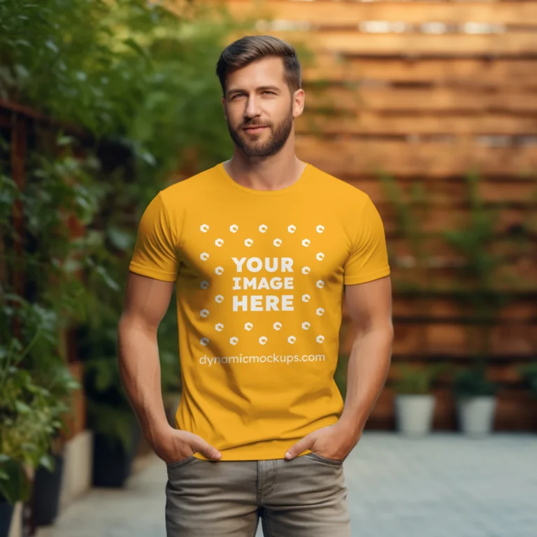 Man Wearing Orange T-shirt Mockup Front View Template