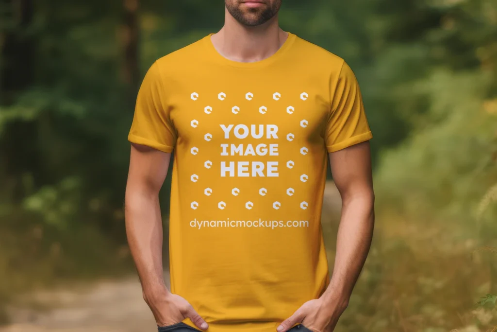 Man Wearing Orange T-shirt Mockup Front View Template