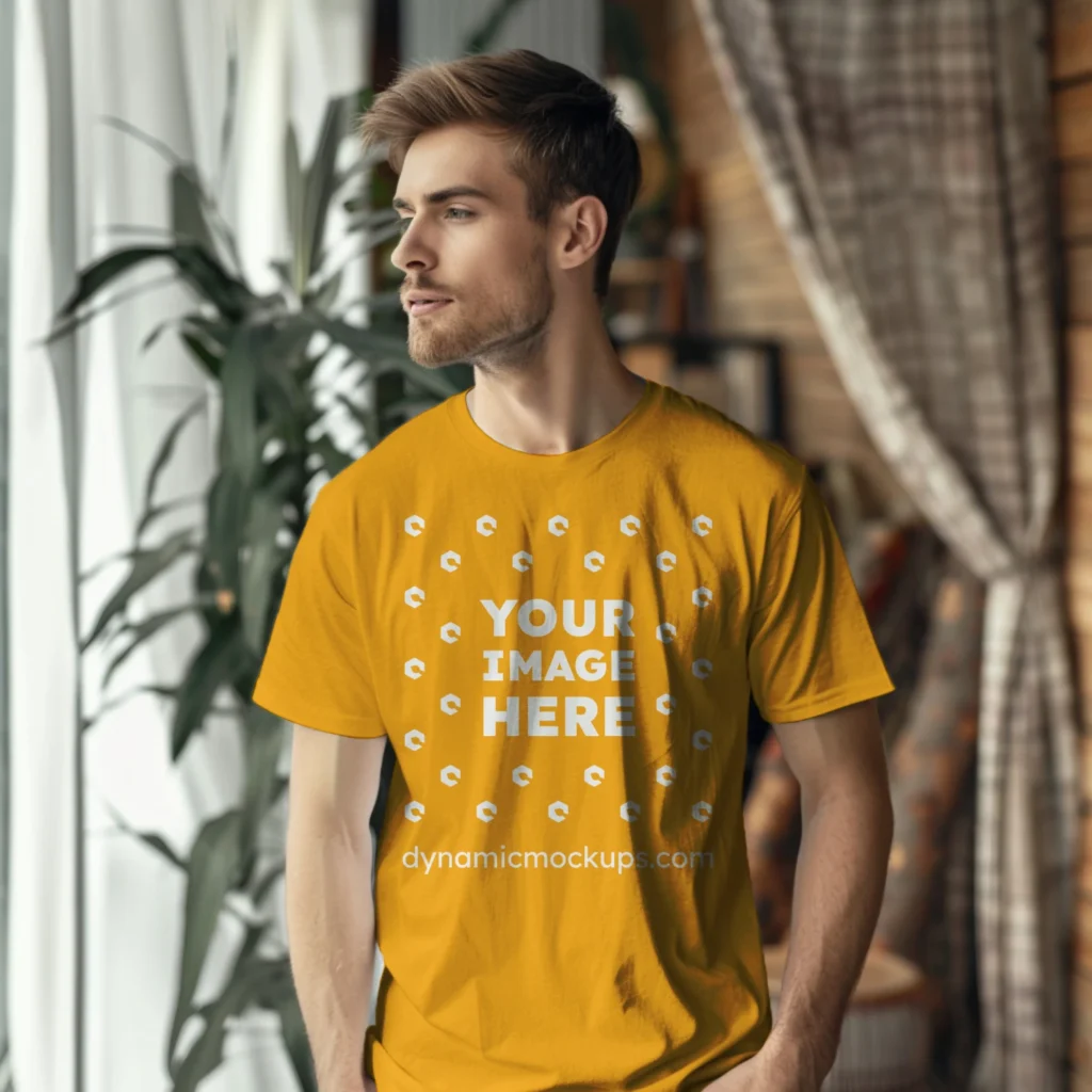 Man Wearing Orange T-shirt Mockup Front View Template