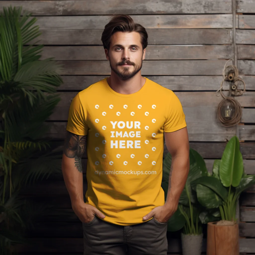 Man Wearing Orange T-shirt Mockup Front View Template