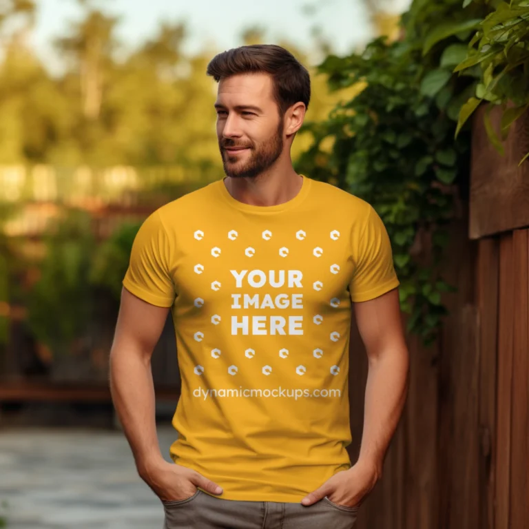 Man Wearing Orange T-shirt Mockup Front View Template