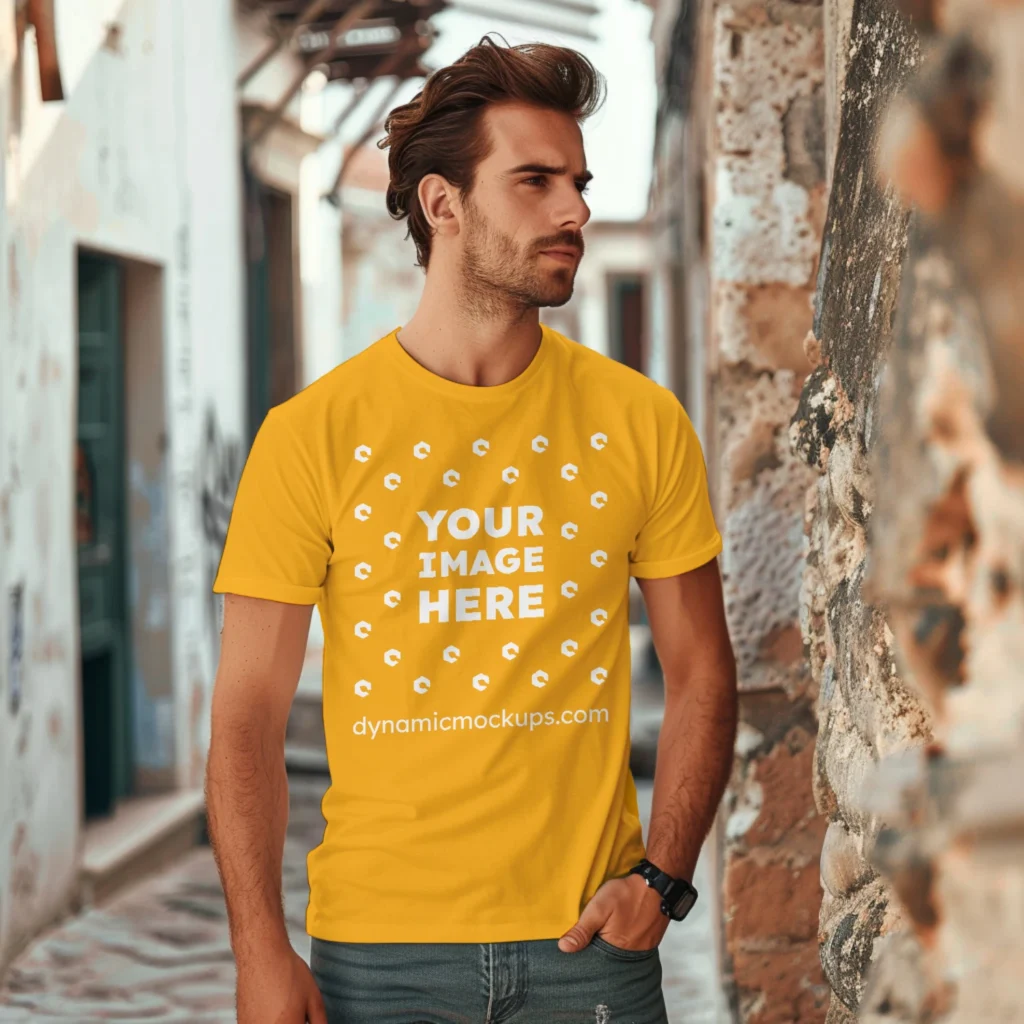 Man Wearing Orange T-shirt Mockup Front View Template