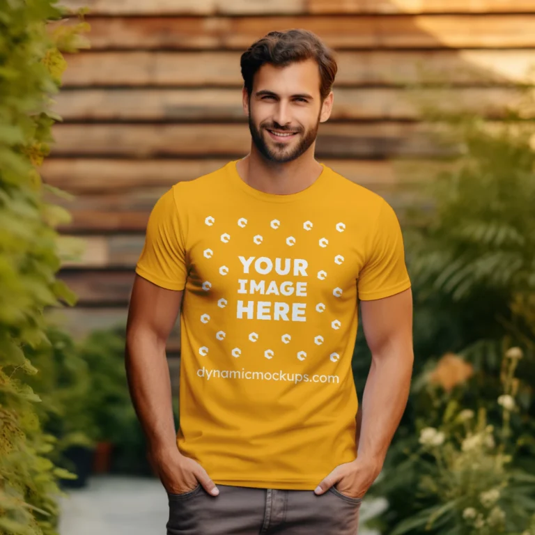 Man Wearing Orange T-shirt Mockup Front View Template