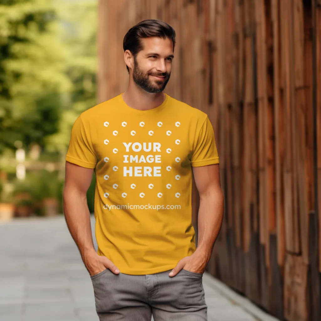 Man Wearing Orange T-shirt Mockup Front View Template