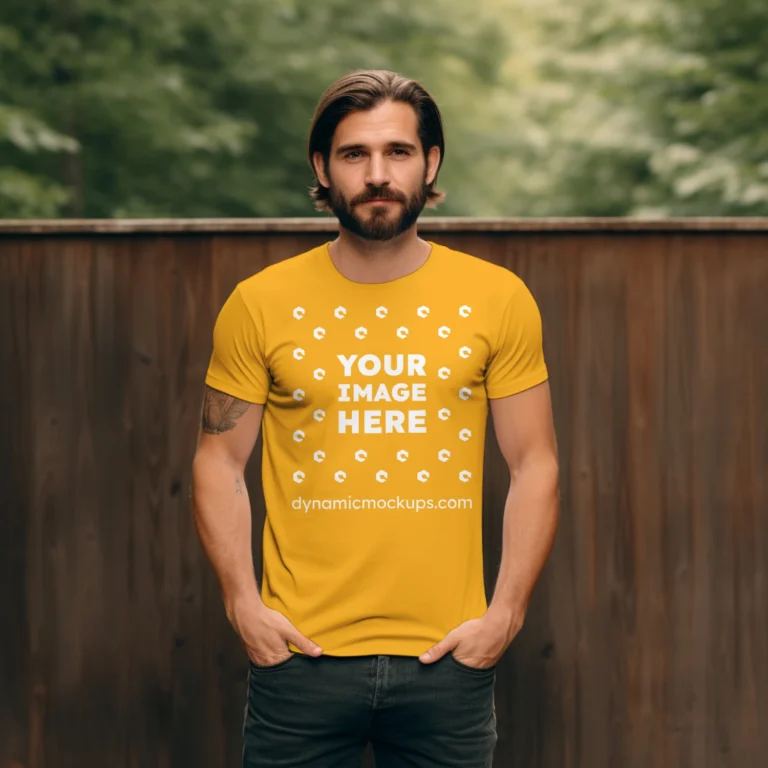 Man Wearing Orange T-shirt Mockup Front View Template