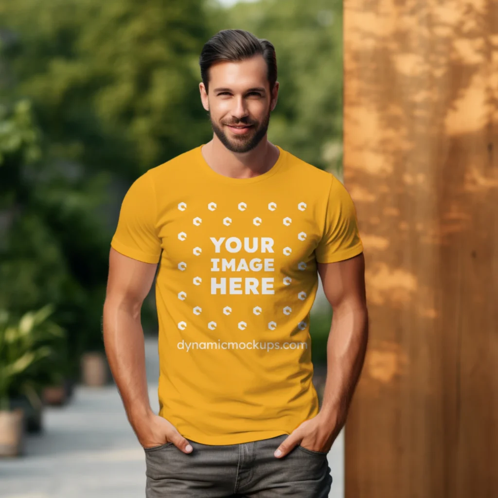 Man Wearing Orange T-shirt Mockup Front View Template