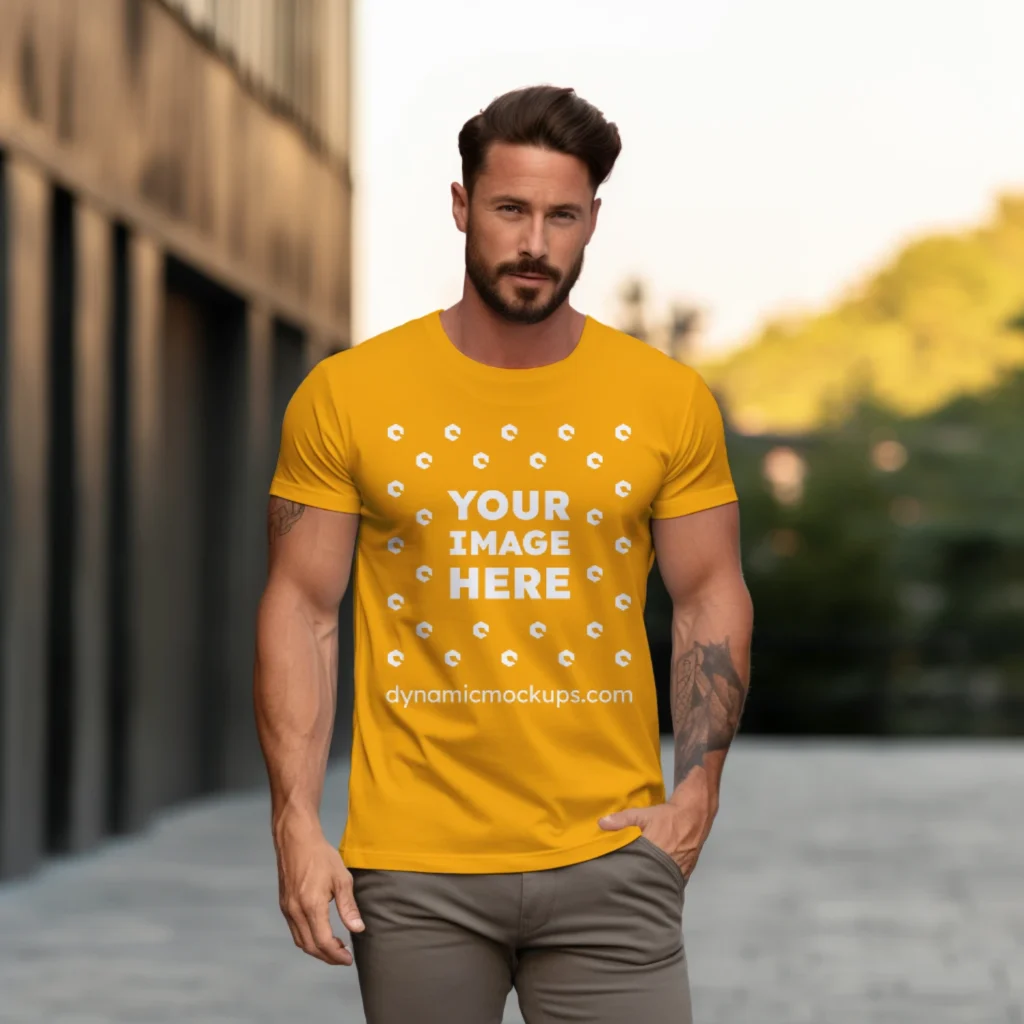 Man Wearing Orange T-shirt Mockup Front View Template