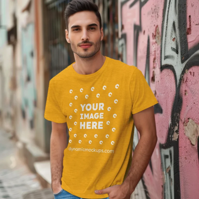 Man Wearing Orange T-shirt Mockup Front View Template