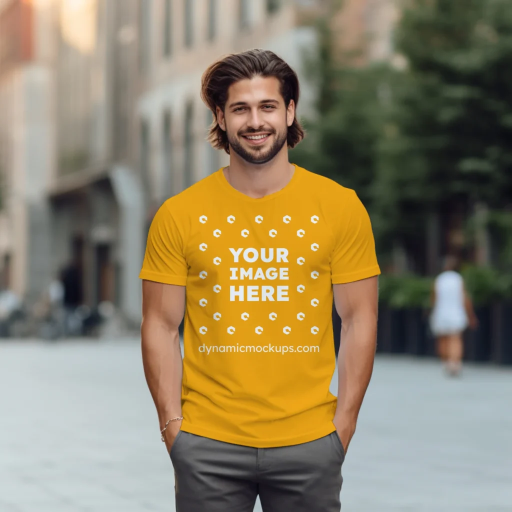 Man Wearing Orange T-shirt Mockup Front View Template