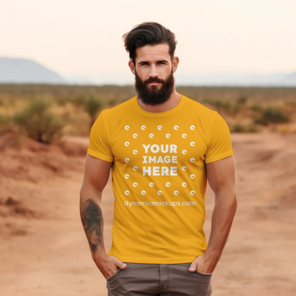 Man Wearing Orange T-shirt Mockup Front View Template