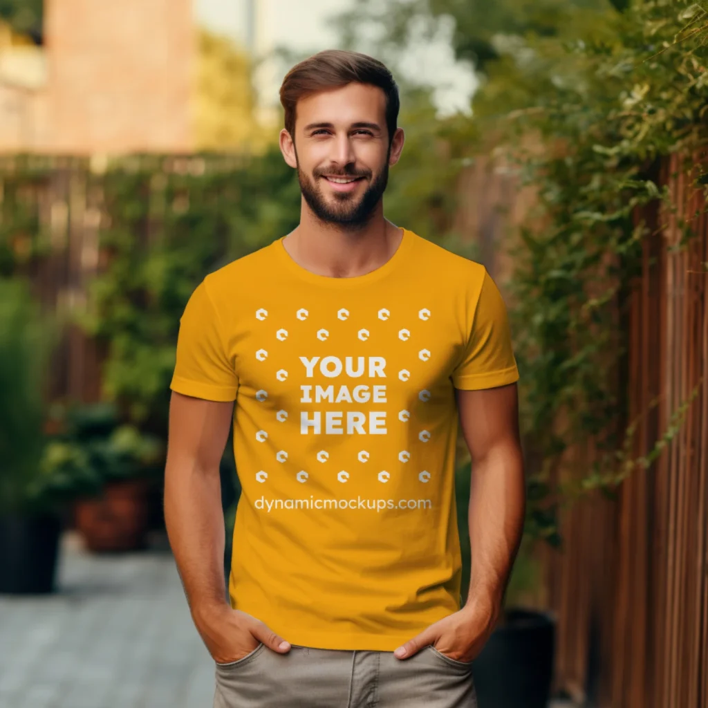 Man Wearing Orange T-shirt Mockup Front View Template