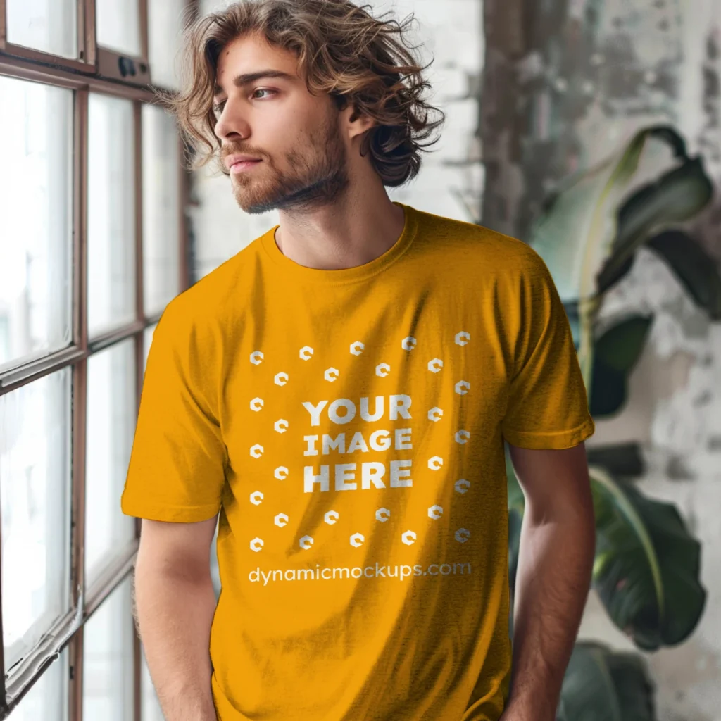 Man Wearing Orange T-shirt Mockup Front View Template