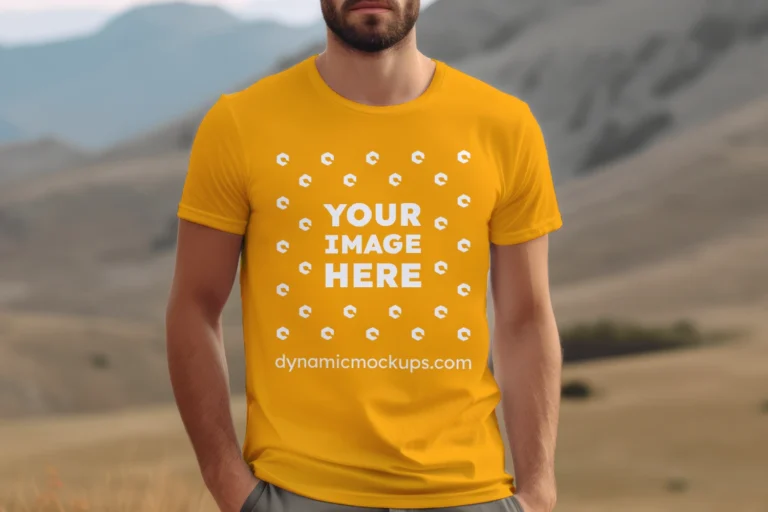 Man Wearing Orange T-shirt Mockup Front View Template