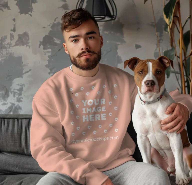 Man Wearing Peach Sweatshirt Mockup Front View Template