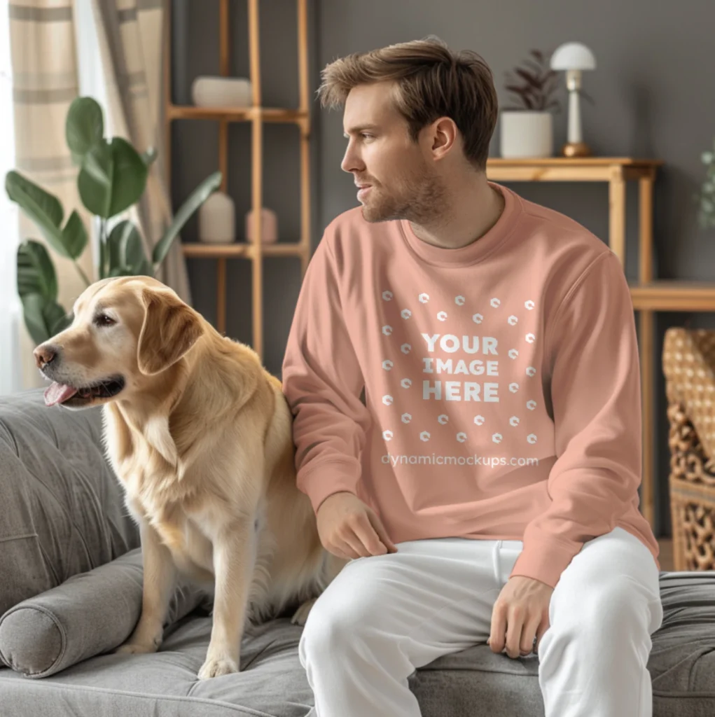 Man Wearing Peach Sweatshirt Mockup Front View Template