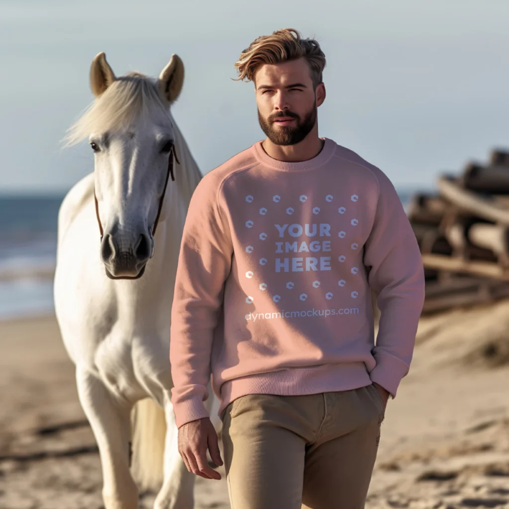 Man Wearing Peach Sweatshirt Mockup Front View Template