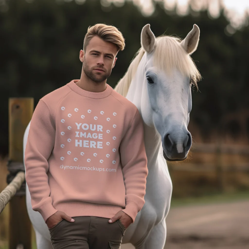 Man Wearing Peach Sweatshirt Mockup Front View Template