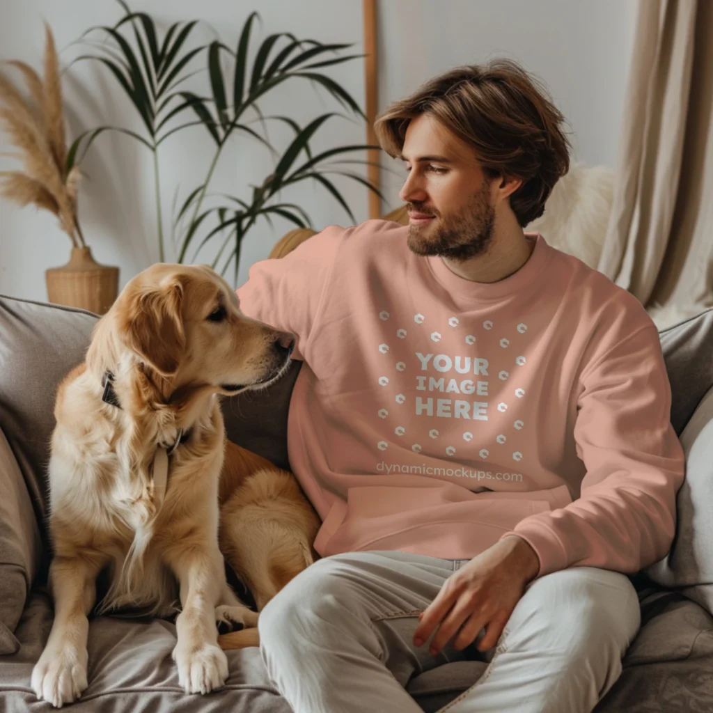 Man Wearing Peach Sweatshirt Mockup Front View Template